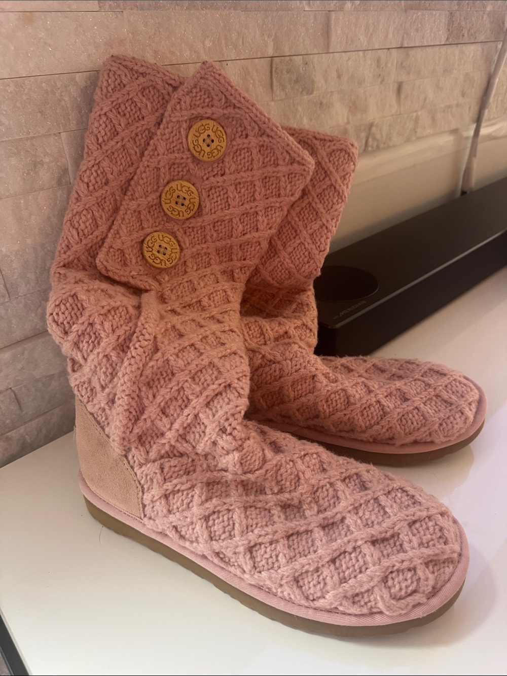UGG Women's Pink Cable Knit Button Slipper Boots